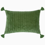 Hand quilted John Robshaw Velvet Moss Kidney Pillow with tassels, created by Indian artisans. - 30484729364526