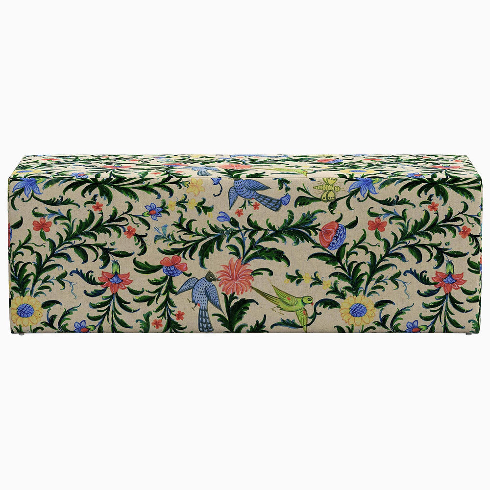 A versatile Rathi Bench with exclusive linen prints by John Robshaw.