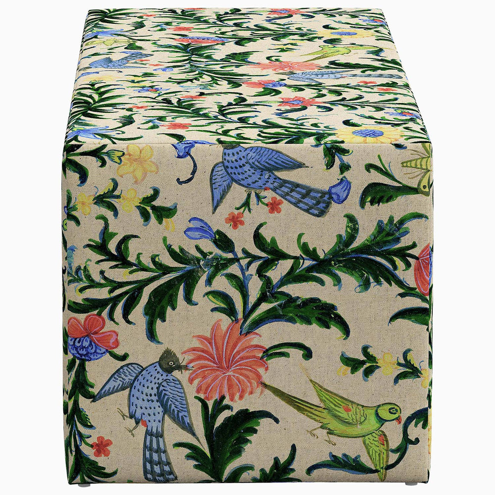 An exclusive John Robshaw Rathi Bench with birds and flowers on it.