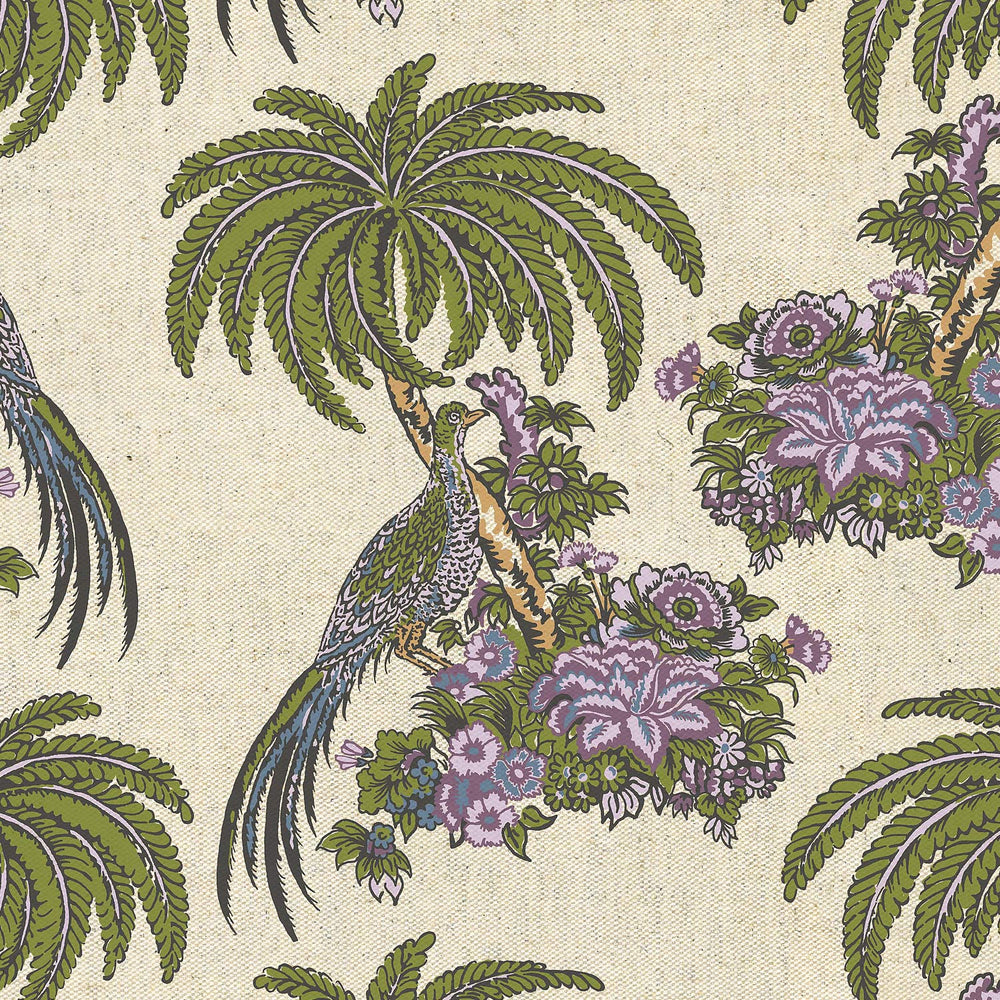 Versatile Rathi Bench upholstered with linen prints featuring exclusive peacock and palm tree designs by John Robshaw.