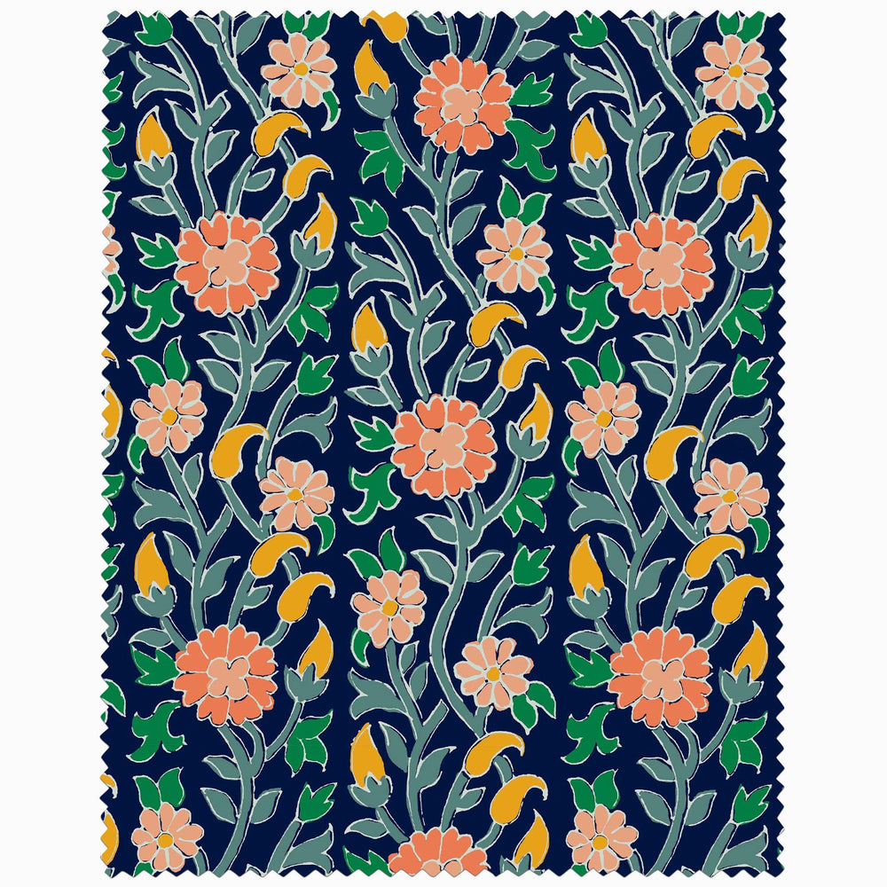 A John Robshaw x Cloth & Co. swatch of blue fabric with a floral pattern by John Robshaw.