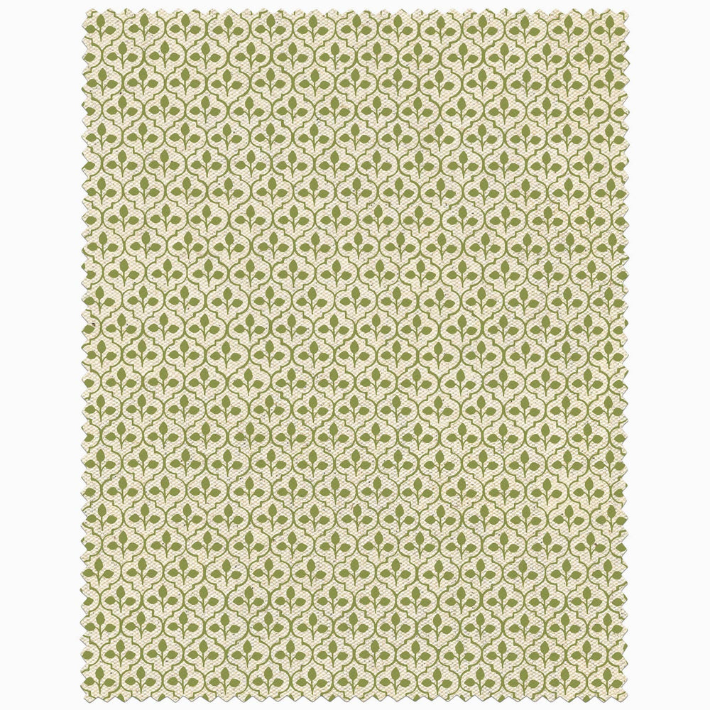 A John Robshaw x Cloth & Co. swatch with a green and white pattern on a white background.