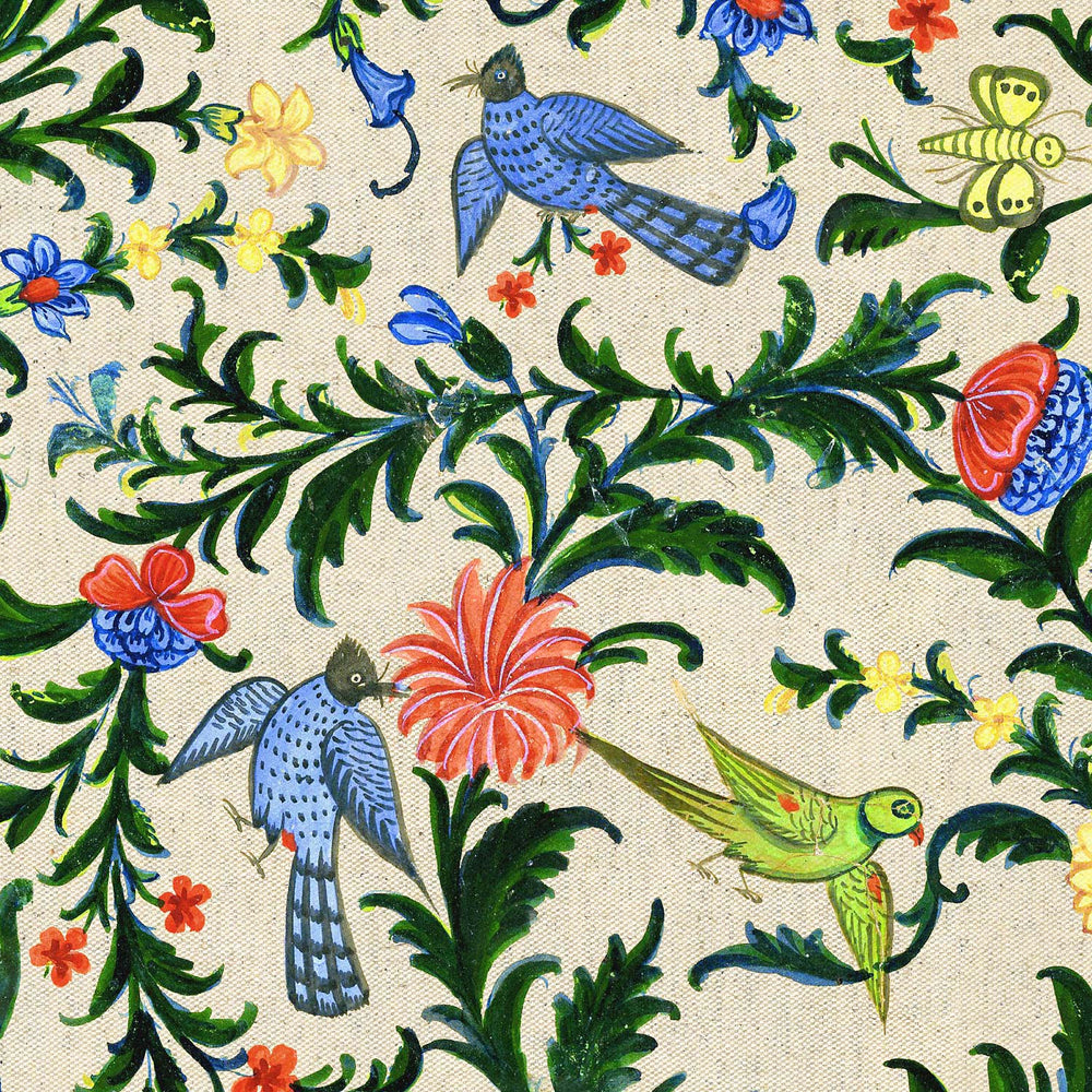 John Robshaw's Shona Bed prints on fabric with birds and flowers.