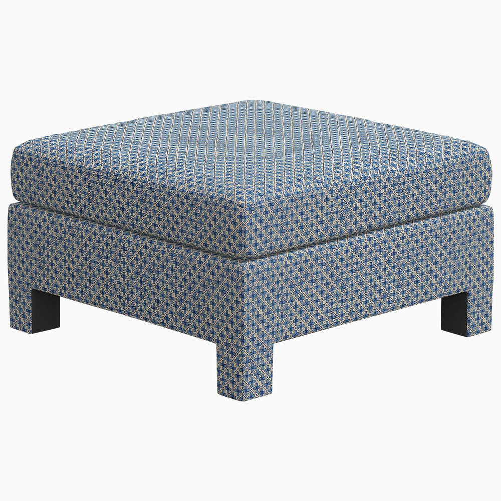 A custom seating arrangement with a Sameera Ottoman made to order, featuring an exclusive polka dot pattern by John Robshaw.