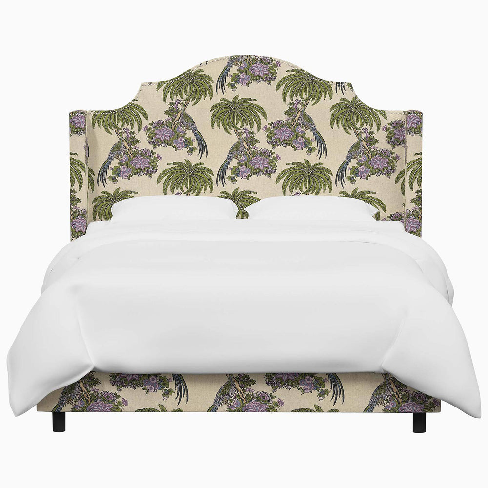 The John Robshaw Samrina bed features an exquisite purple and green floral pattern, inspired by Mughal arches.