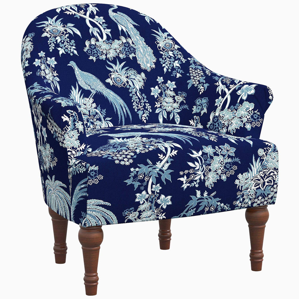 An adventurous Preeti Accent Chair available in blue and white, made to order by John Robshaw.