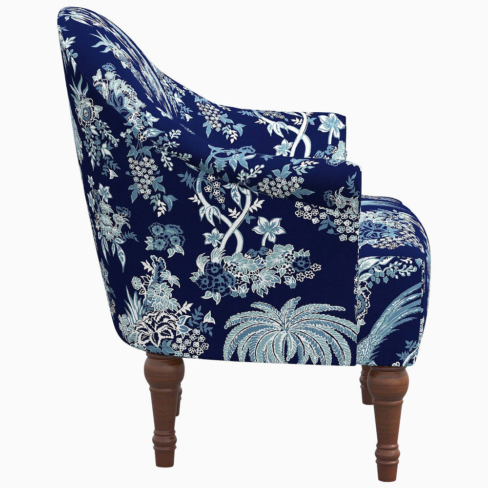 An adventurous Preeti Accent Chair in blue and white with a floral pattern, made to order from John Robshaw.