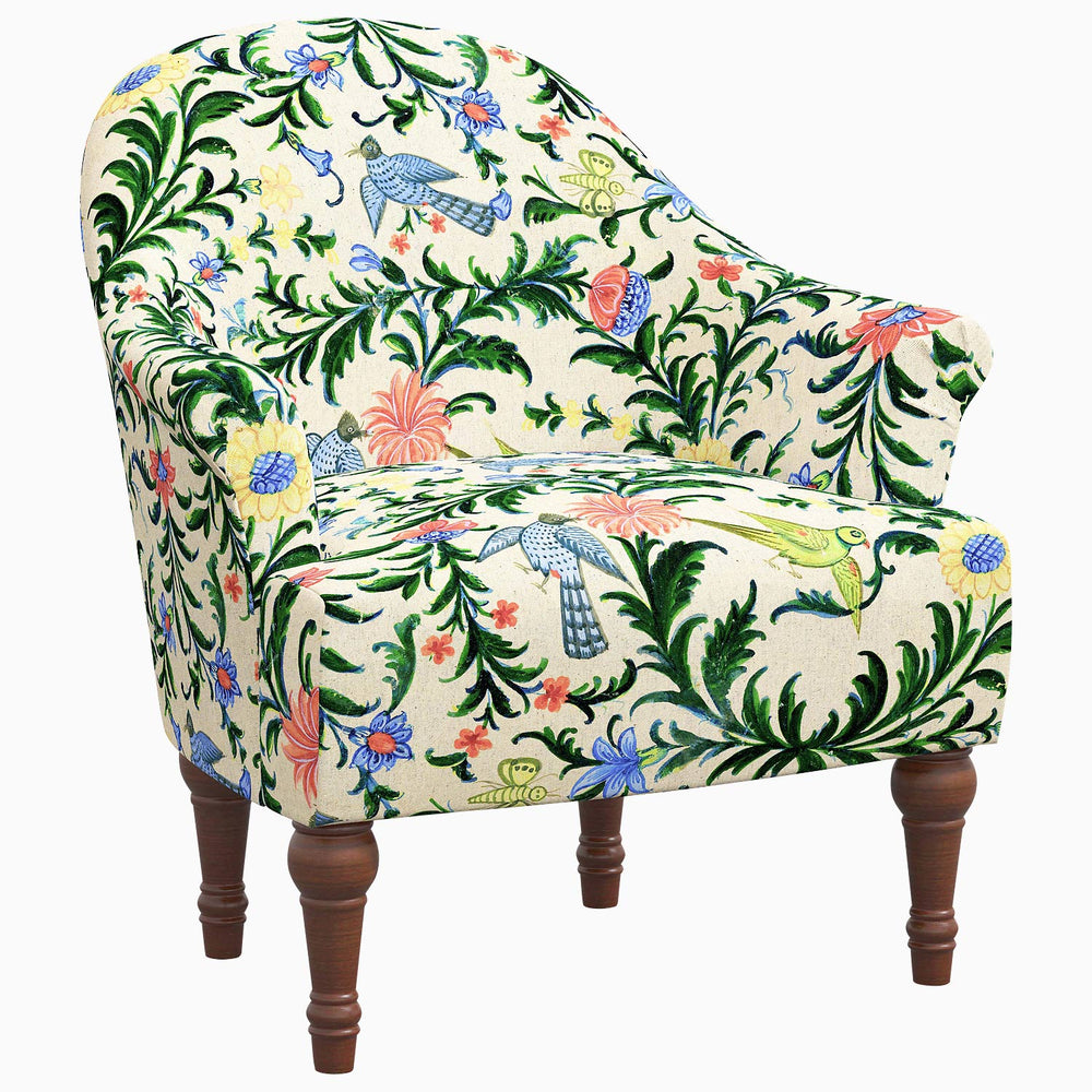 A Preeti Accent Chair with an adventurous floral pattern, made to order. Brand: John Robshaw.