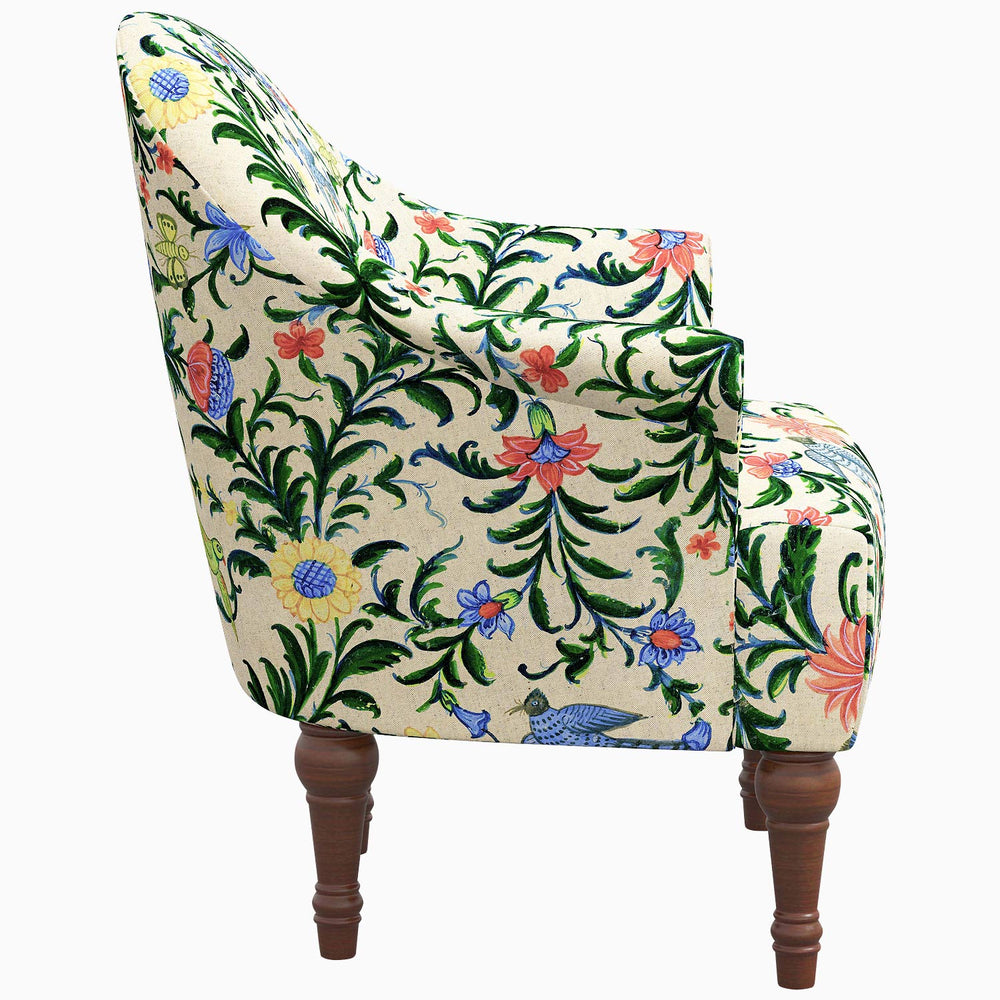 A Preeti Accent Chair by John Robshaw, with an adventurous floral pattern, made to order.