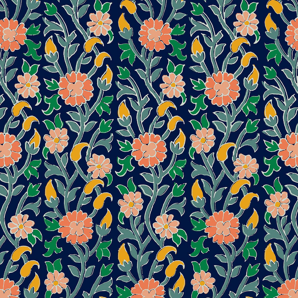 An Indian floral pattern with prints inspired by John Robshaw on a blue background.