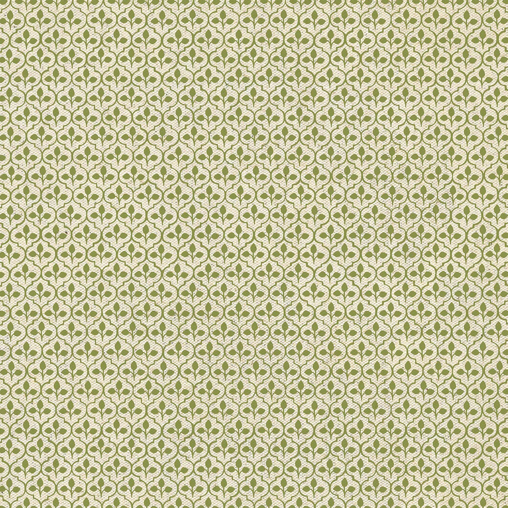 A green and white patterned Shiza Ottoman fabric swatch by John Robshaw.