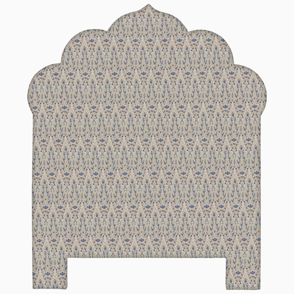 A John Robshaw Custom Bihar Headboard with a blue and beige pattern, available for white glove delivery.