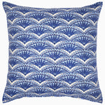 An Elil Euro pillow from John Robshaw, hand block printed with a fan pattern in blue and white cotton linen. - 30793291202606
