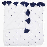 A white and navy cotton French Knot Indigo Throw quilt with tassels and John Robshaw brand detailing. - 30395671609390