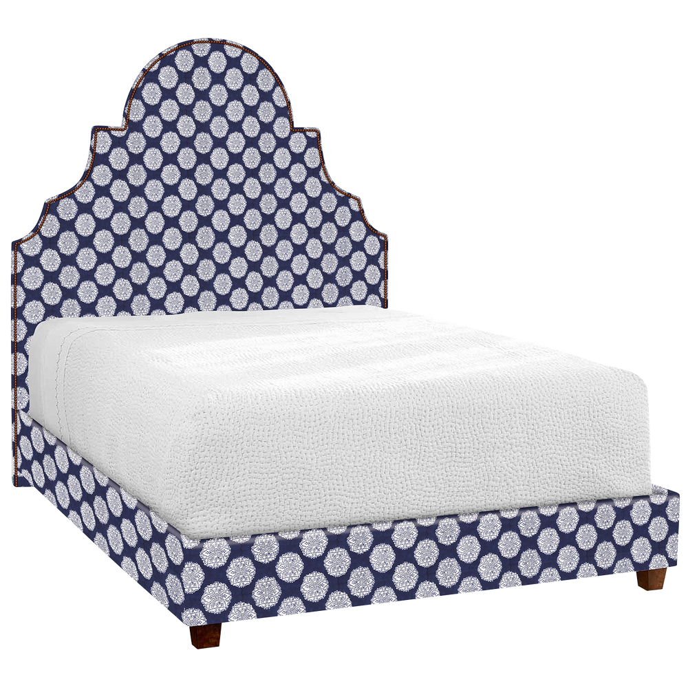 This blue and white polka dot Custom Dara Bed by John Robshaw is available for shipping with a lead time.