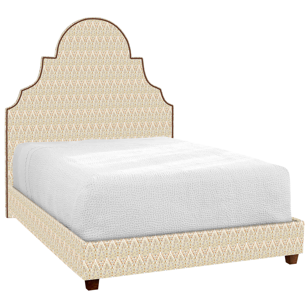 A Custom Dara Bed with a beige patterned headboard and footboard available for white glove delivery by John Robshaw.