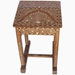 A John Robshaw Vintage Wooden Inlay Student Study Table with intricately carved designs. - 28347507179566