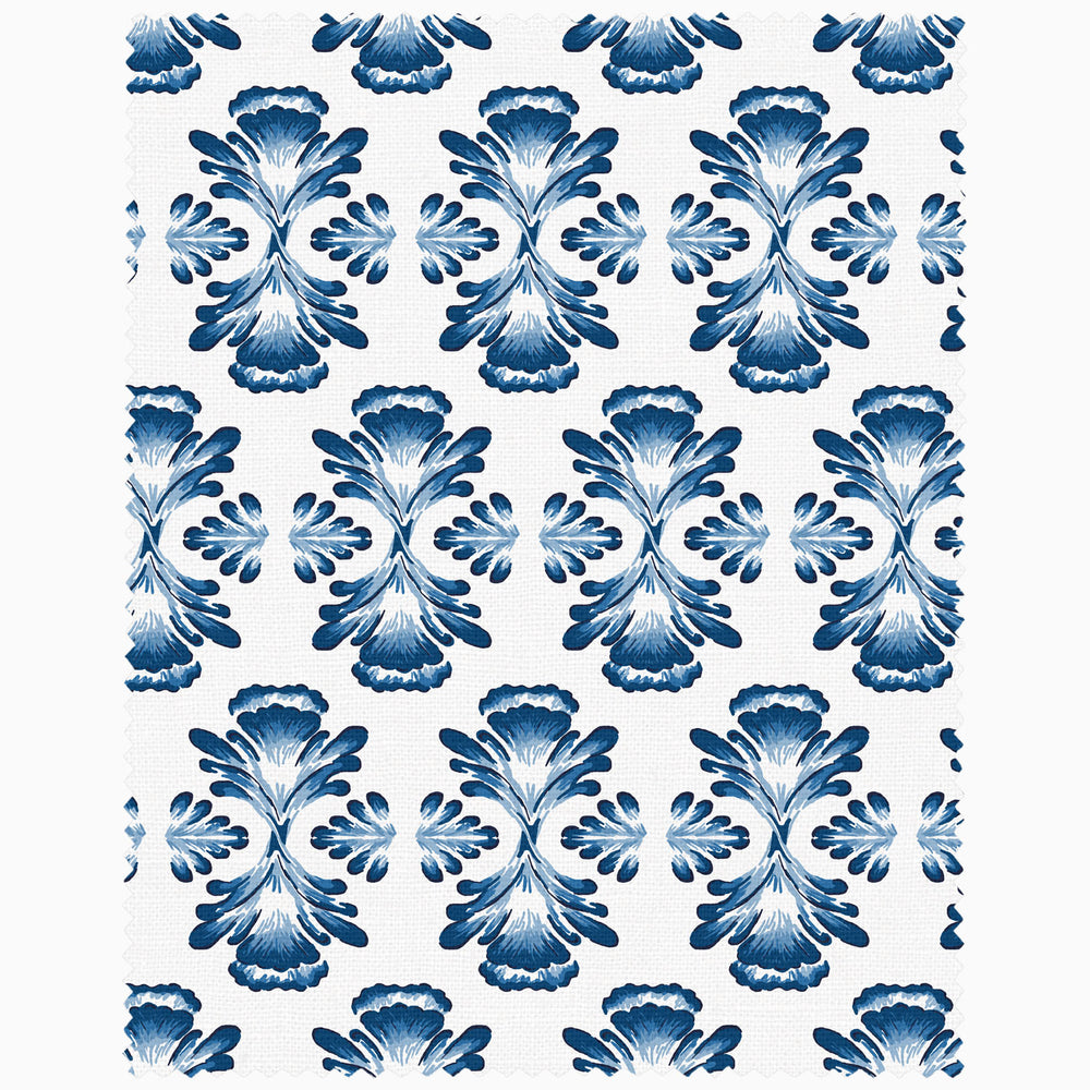 A blue and white floral pattern on a white background created by John Robshaw for John Robshaw x Cloth & Co. Swatches.