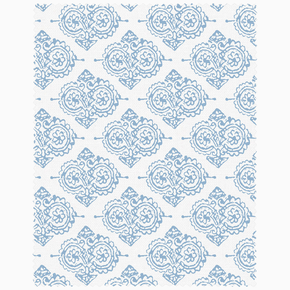 A blue and white patterned John Robshaw x Cloth & Co. swatch on a white background.