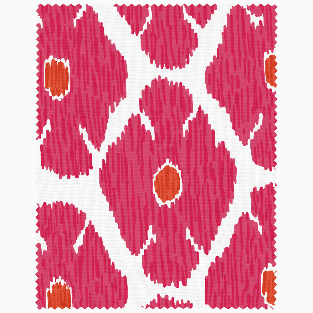 A pink and orange ikat pattern on a white background, created by John Robshaw for John Robshaw x Cloth & Co. Swatches.