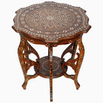 An ornate Round Wooden Inlay Table 8 with intarsia designs, made by John Robshaw. - 30296345837614