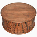 An intricately carved Round Wooden Jali Table with a diamond motif, John Robshaw brand. - 30280699052078