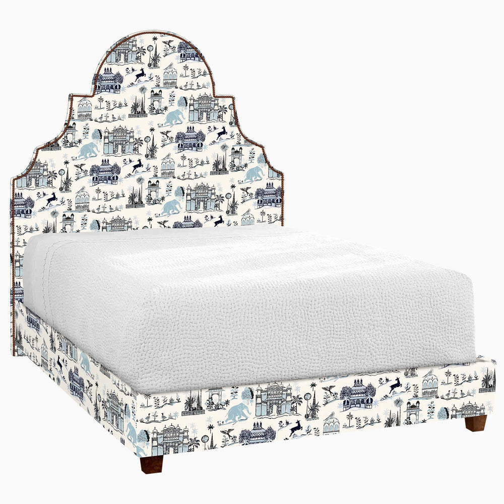 A blue and white patterned Custom Dara Bed by John Robshaw with a lead time for shipping and white glove delivery.