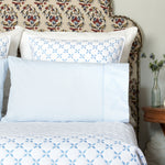 A bed with John Robshaw's Cinde Light Indigo Organic Sheet Set bedding and pillows. - 30271691030574