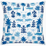 A blue and white John Robshaw Panav Outdoor Pillow with elephants on it. - 29994938302510
