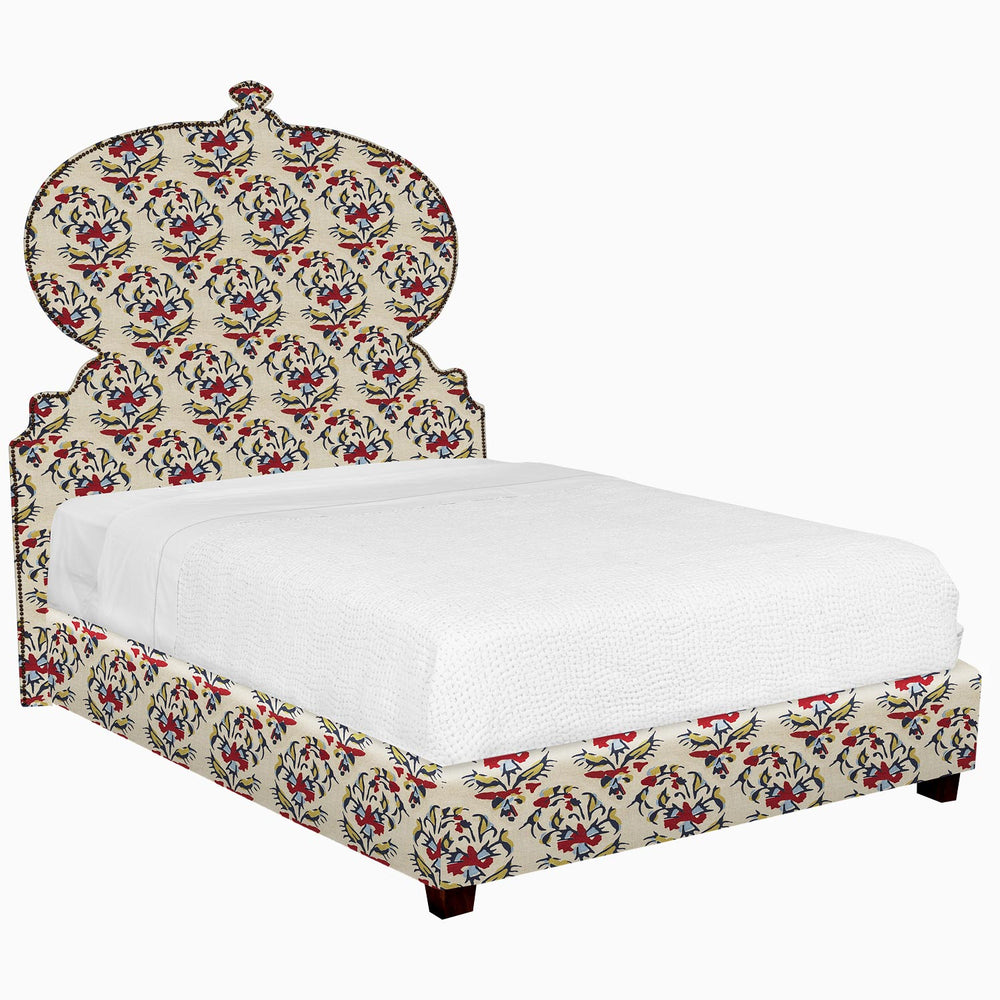 A Custom Orissa bed with floral upholstered headboard and footboard available for shipping and white glove delivery by John Robshaw.