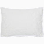 A John Robshaw Hand Stitched White Kidney Pillow with hand stitching on a white background. - 28218137116718
