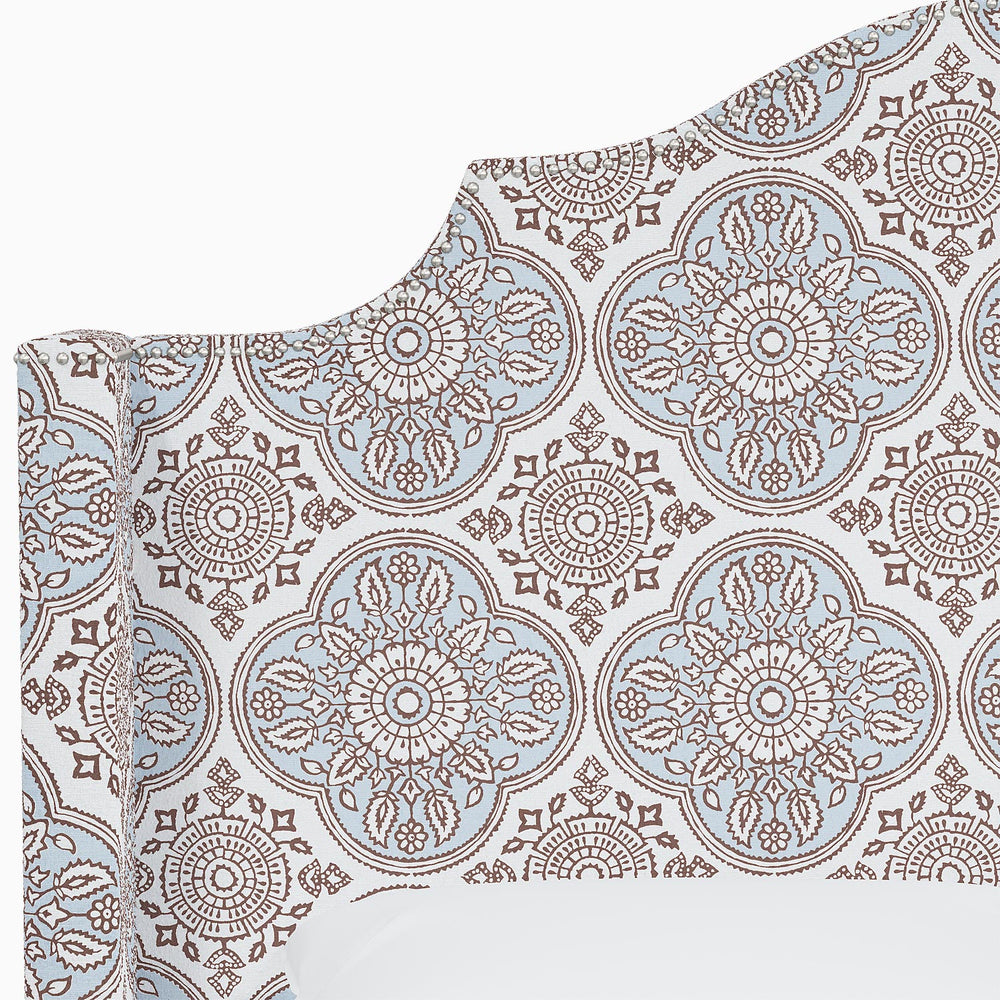 The John Robshaw Samrina Bed features a beautiful blue and brown pattern inspired by Mughal arches.