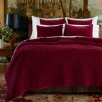 A luxurious John Robshaw Velvet Berry Quilt with a hand-quilted burgundy comforter and pillows, skillfully crafted by Indian artisans. - 30395689926702