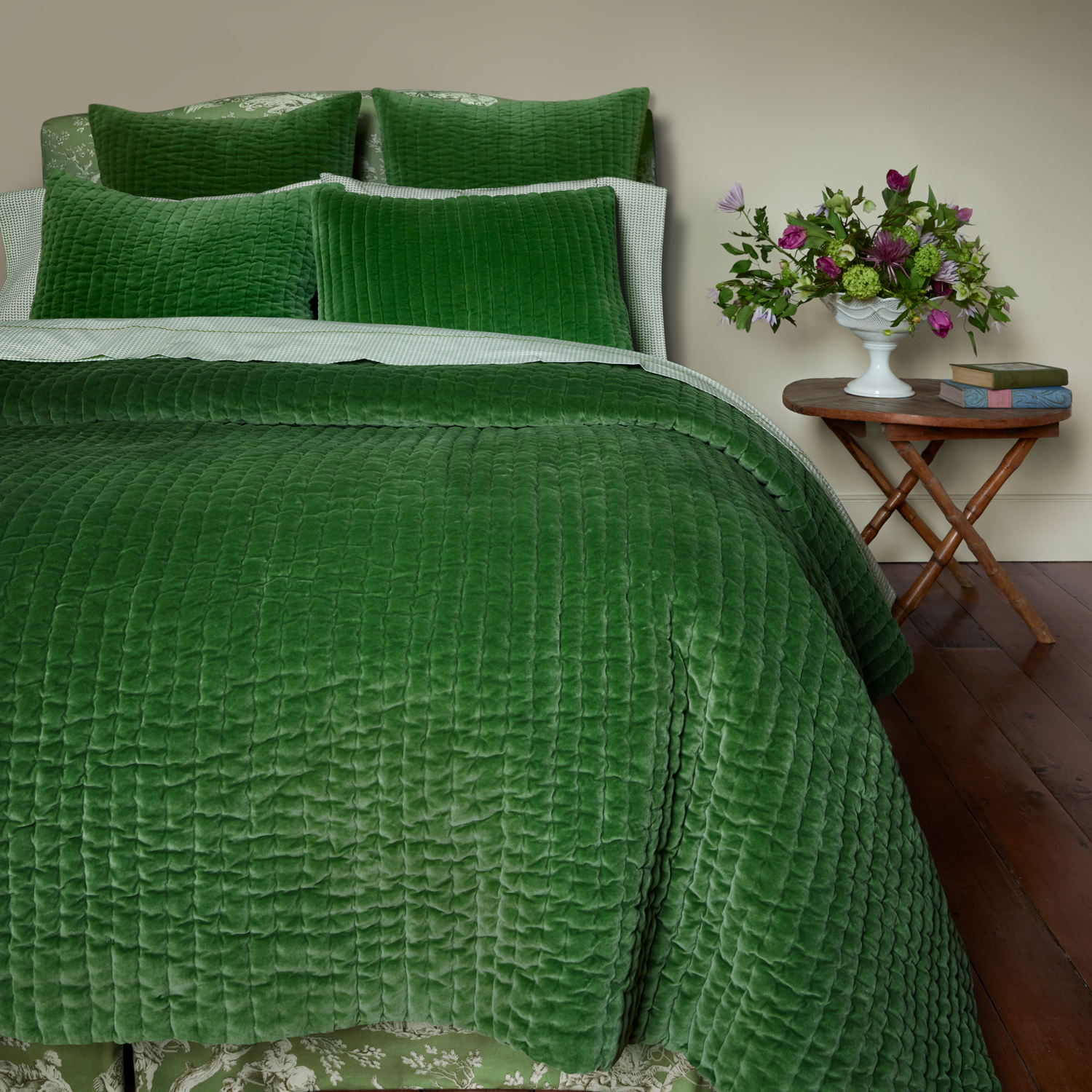 Hand quilted Velvet Moss Quilt duvet cover made by Indian artisans, John Robshaw.