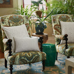 A living room with two Pillows embroidered chairs and a block print Pillows coffee table. - 30403598024750