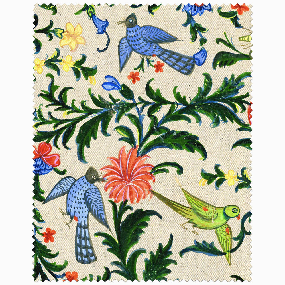 A John Robshaw fabric with birds and flowers on it, designed by John Robshaw.