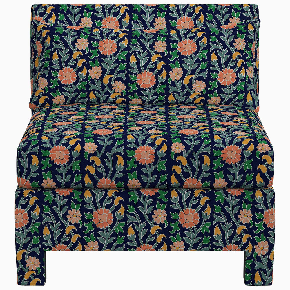 The John Robshaw Sameera Armless Chair features an exclusive floral pattern on its upholstery, offering a touch of elegance to any custom seating arrangement.