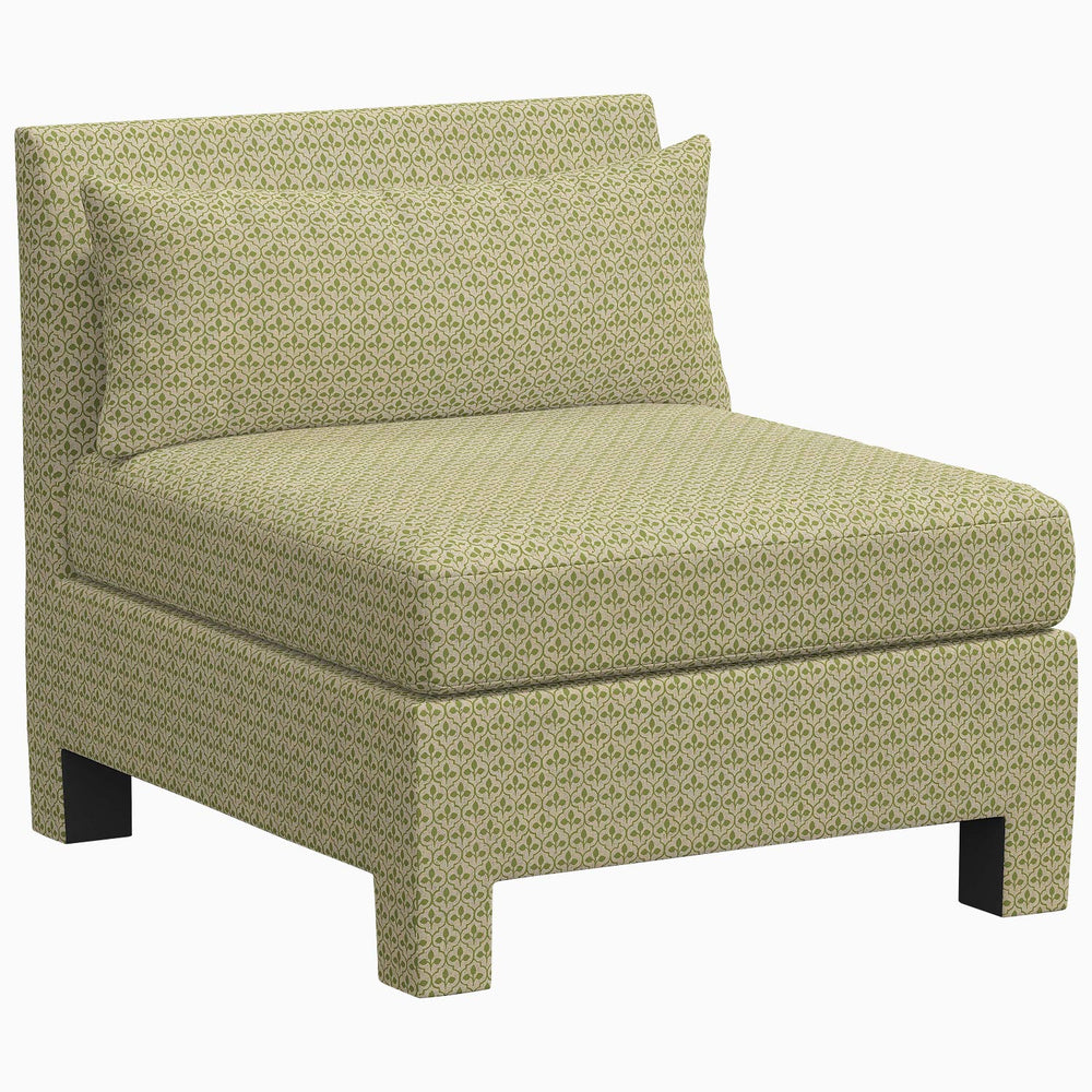 The John Robshaw Sameera Armless Chair is an exquisite, green upholstered chair with a cushion, made using exclusive fabrics for a luxurious custom seating arrangement.