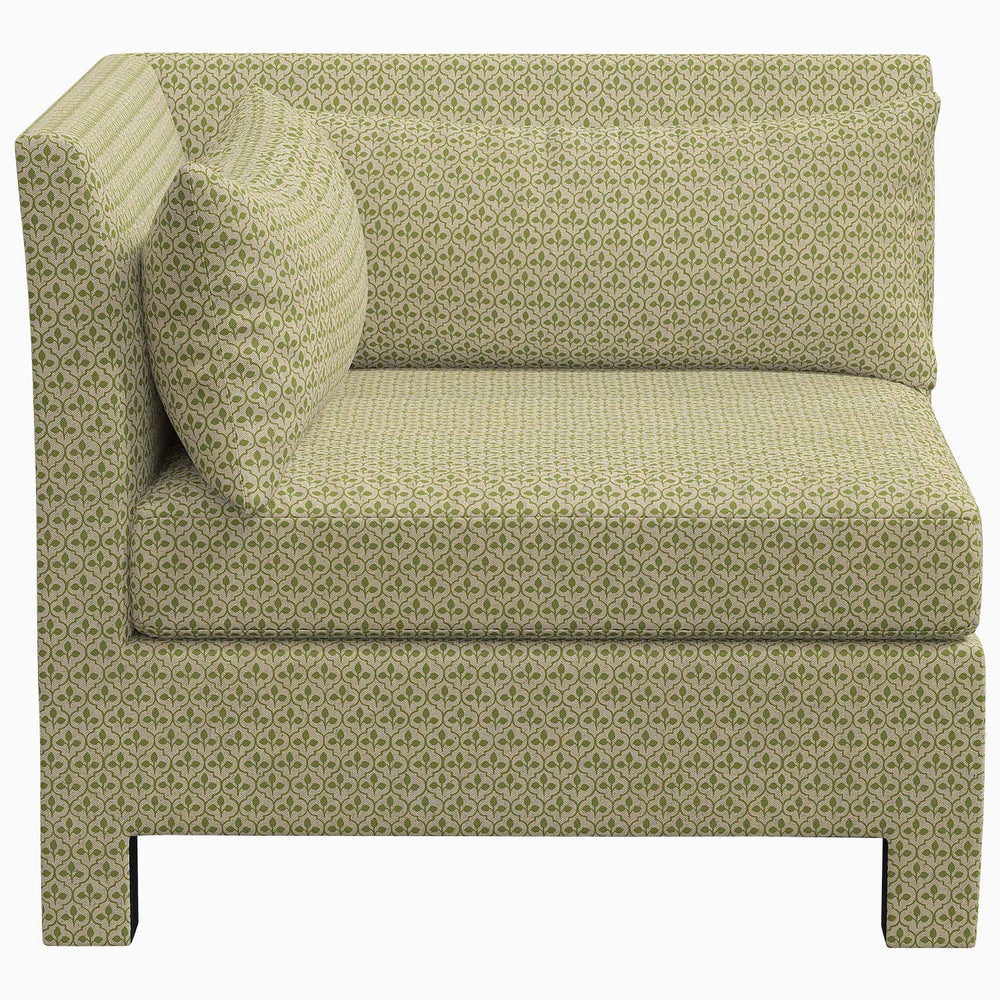 The John Robshaw Sameera Armless Chair boasts an eye-catching pattern on its green upholstery, making it a unique addition to any custom seating arrangement. Crafted with exclusive fabrics, this corner chair is sure.