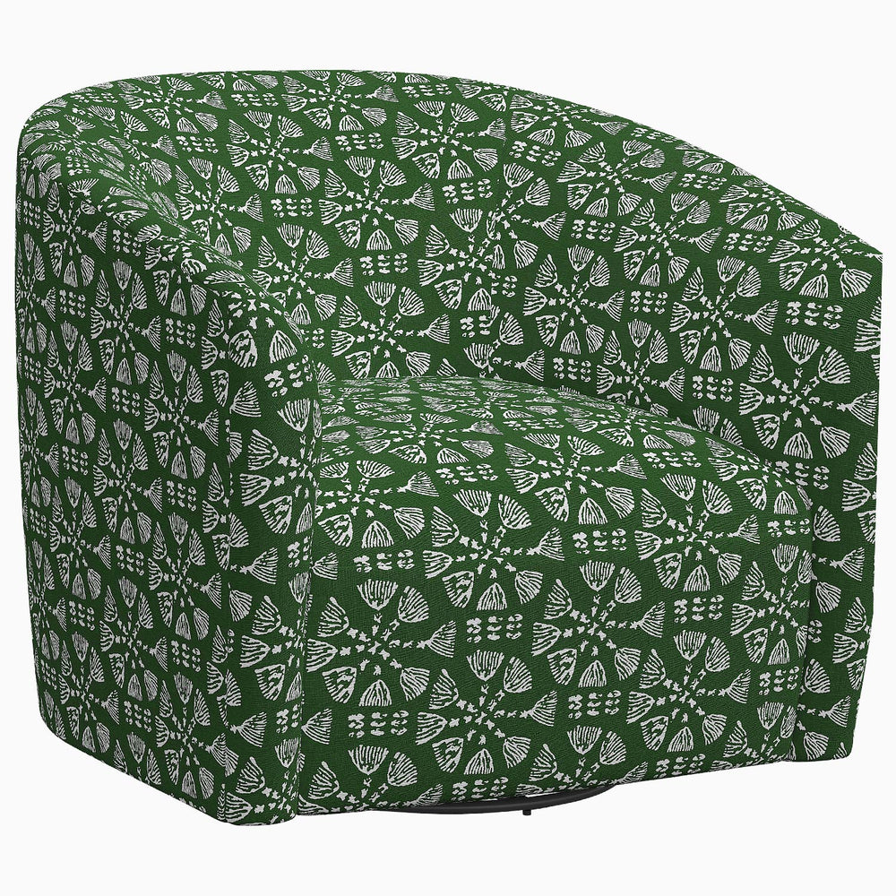 A green Amrit Swivel Chair with a John Robshaw print on it.