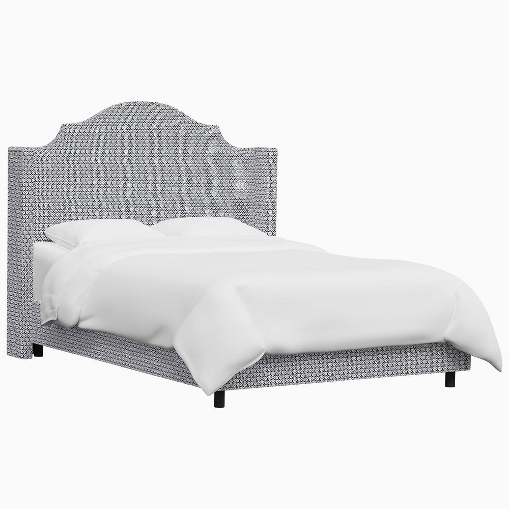The John Robshaw Samrina Bed features a white bed frame adorned with a stylish gray headboard.