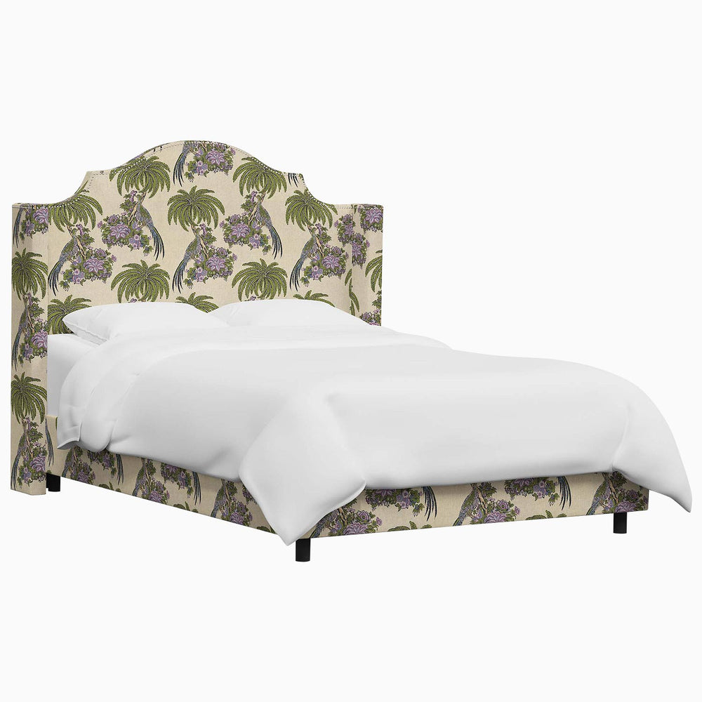 The John Robshaw Samrina Bed features a floral upholstered headboard, inspired by Mughal arches.