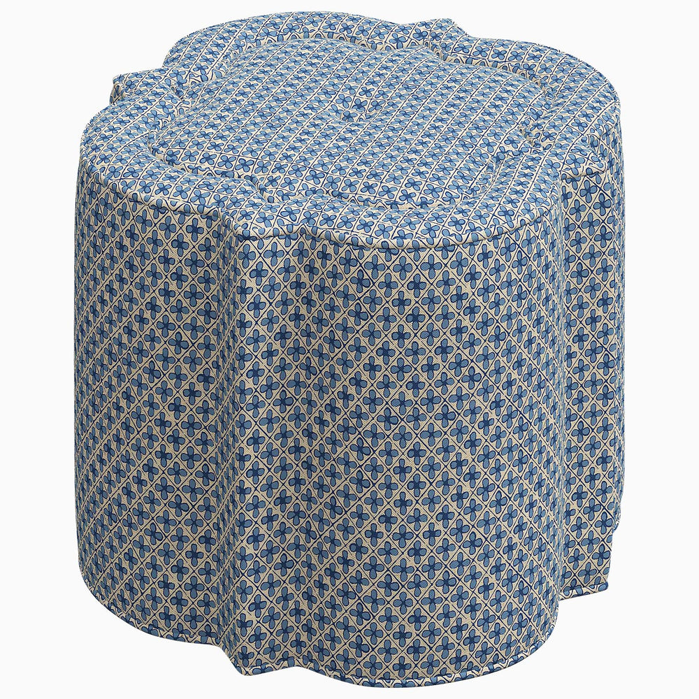 A Kashmir gardens-inspired blue and white patterned Shiza Ottoman designed by John Robshaw, produced by Skyline.