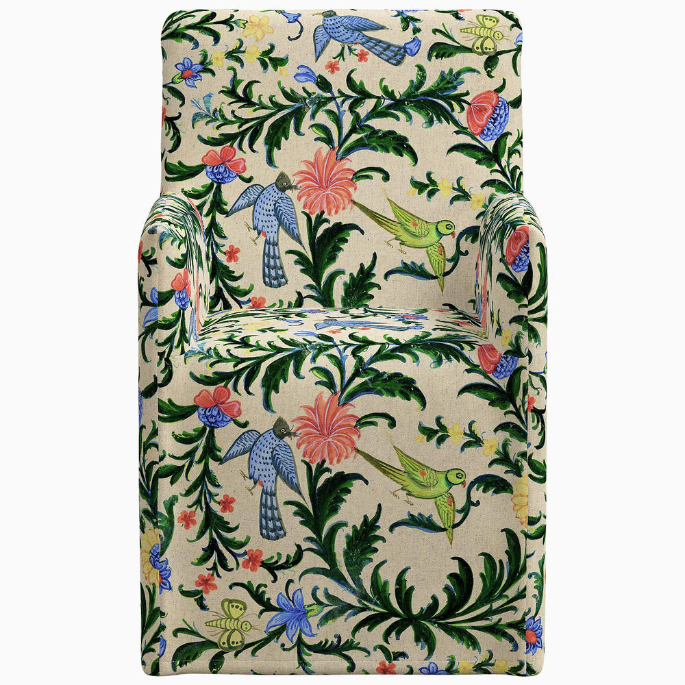 This John Robshaw Rekha Slipcover Dining Chair features an exclusive floral pattern, perfect for adding a touch of elegance to any space. Don't miss out on the stunning prints available - request a swatch.