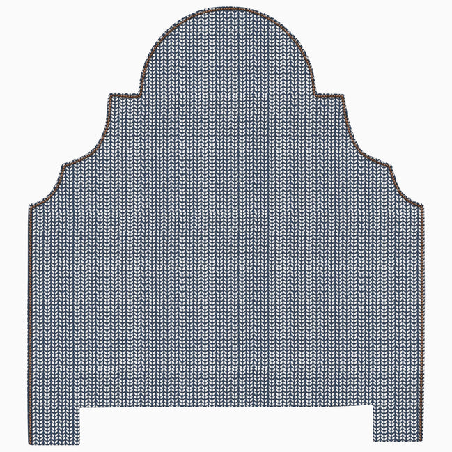 A Custom Dara Headboard by John Robshaw, with a blue and brown pattern, available for shipping.