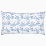 An embroidered blue and white Bhoomi Bolster pillow with leaves on white cotton linen. - 30400047546414