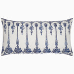 A blue and white Habi Bolster pillow with an ornate design featuring filigreed ornaments, by John Robshaw. - 30793308045358