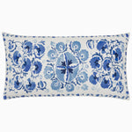 A blue and white Hem Outdoor Bolster pillow with floral designs that is suitable for outdoor use, made by John Robshaw. - 30400244351022