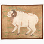 A hand-painted Old Ram Tapestry of a ram, set against a brown background, reminiscent of traveling in India, by John Robshaw. - 30670094368814
