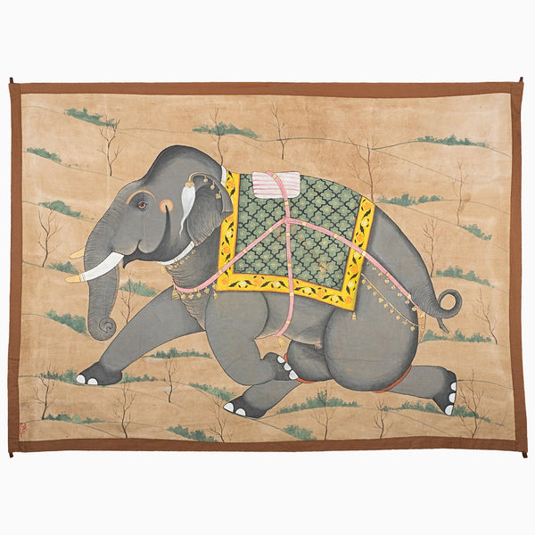 Grey Elephant Running on Grass Tapestry Main